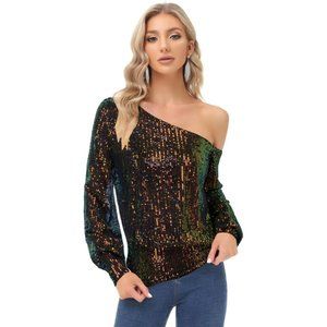 Sparkly Top for Women Sequin Top One Shoulder Long Sleeve Tops